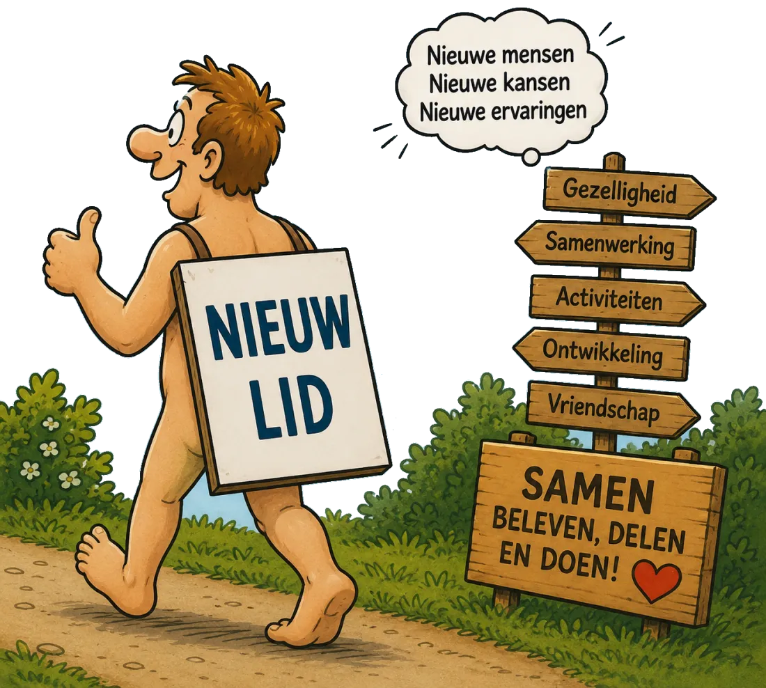 Cartoon: nieuw lid loopt vrolijk naar bord met Gezelligheid, Samenwerking en Vriendschap